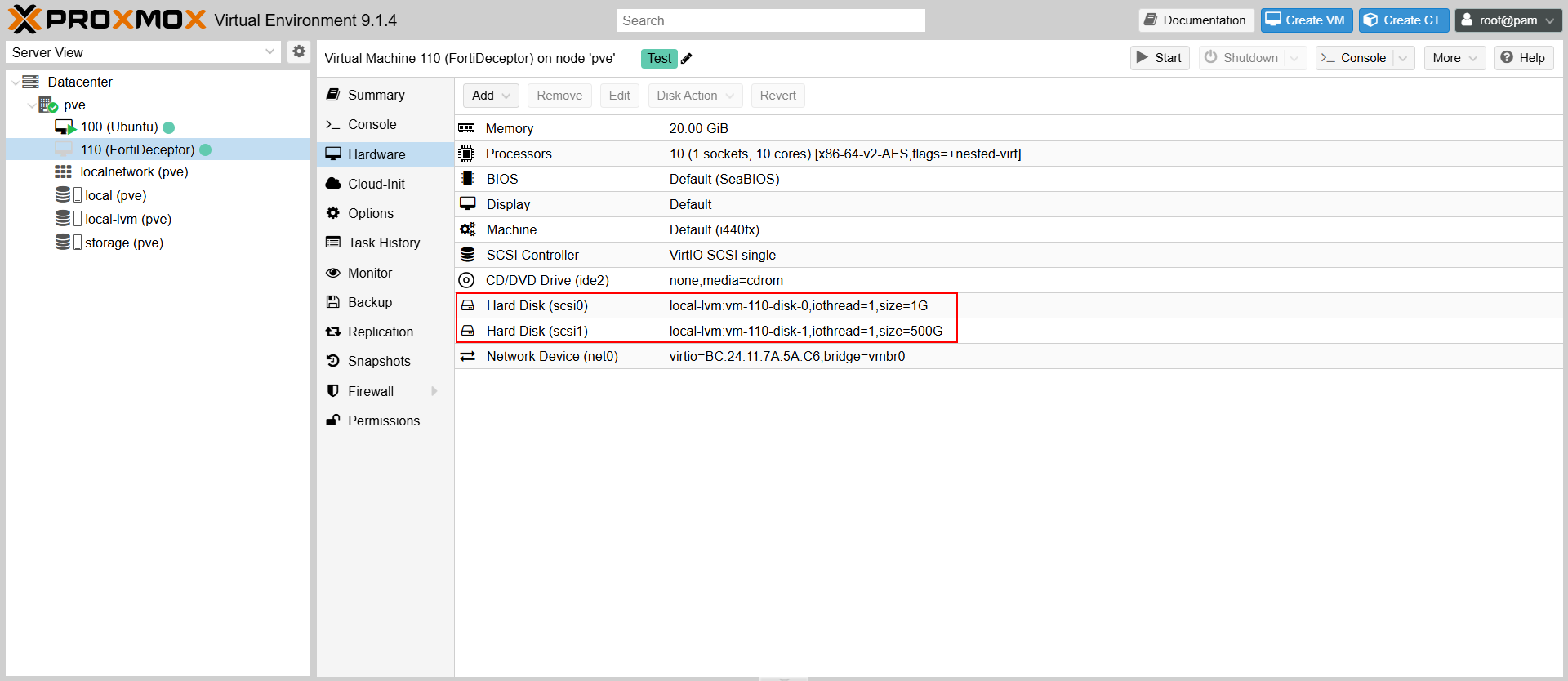 VM hardware settings with both drives imported