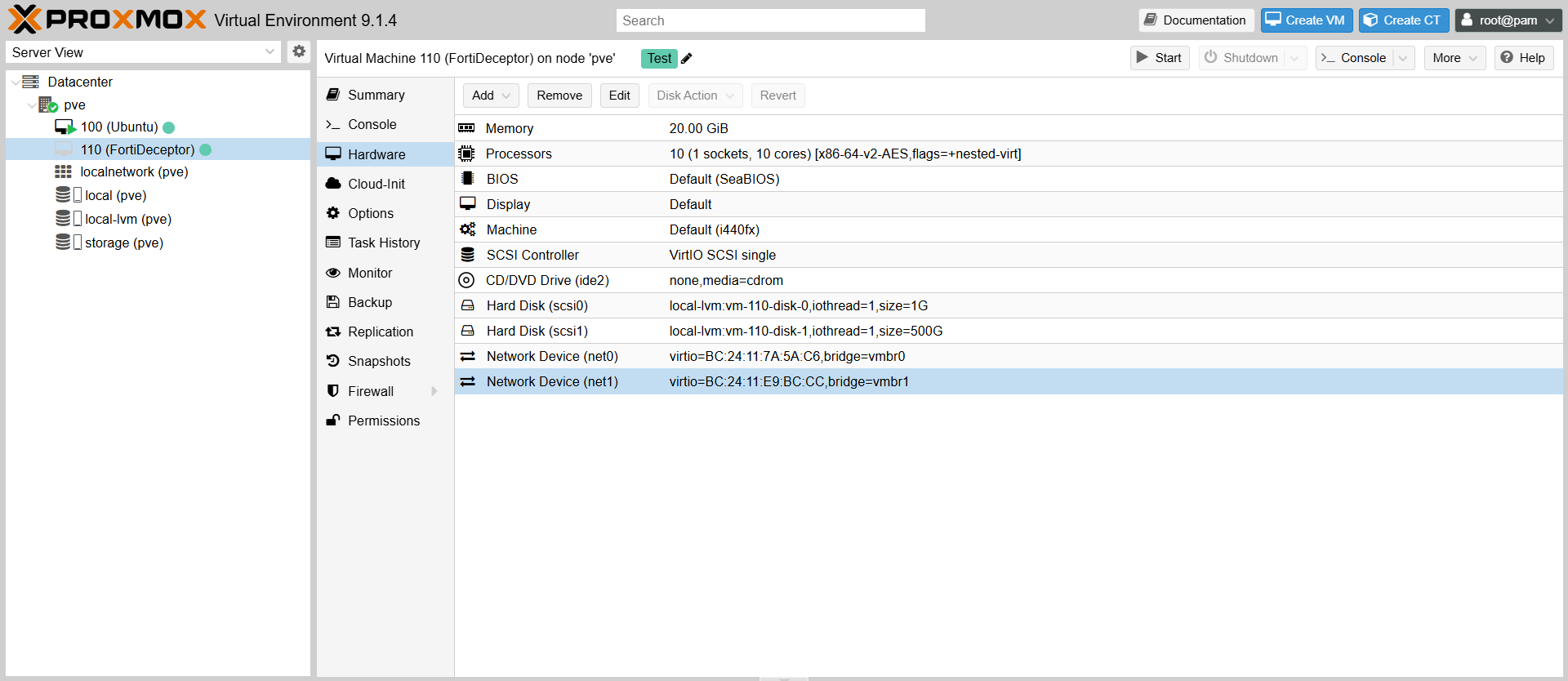 Hardware view of VM with network interfaces added