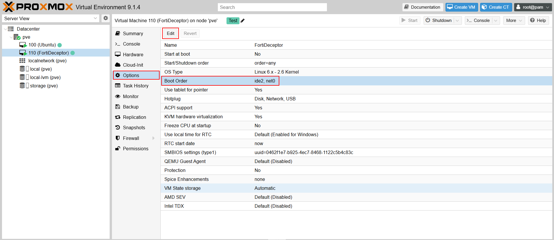 Accessing the boot order options