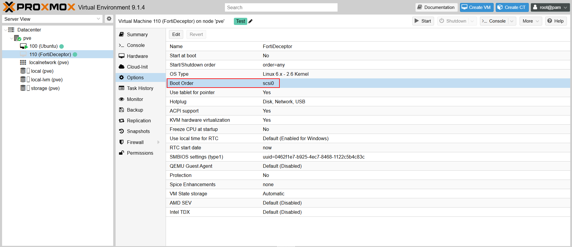 Options view with boot order changed