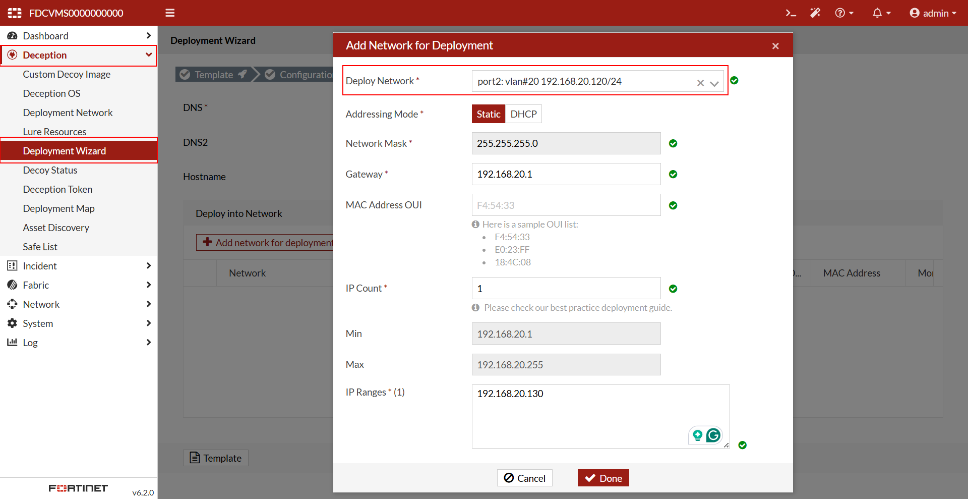 Setting deployment network for decoy
