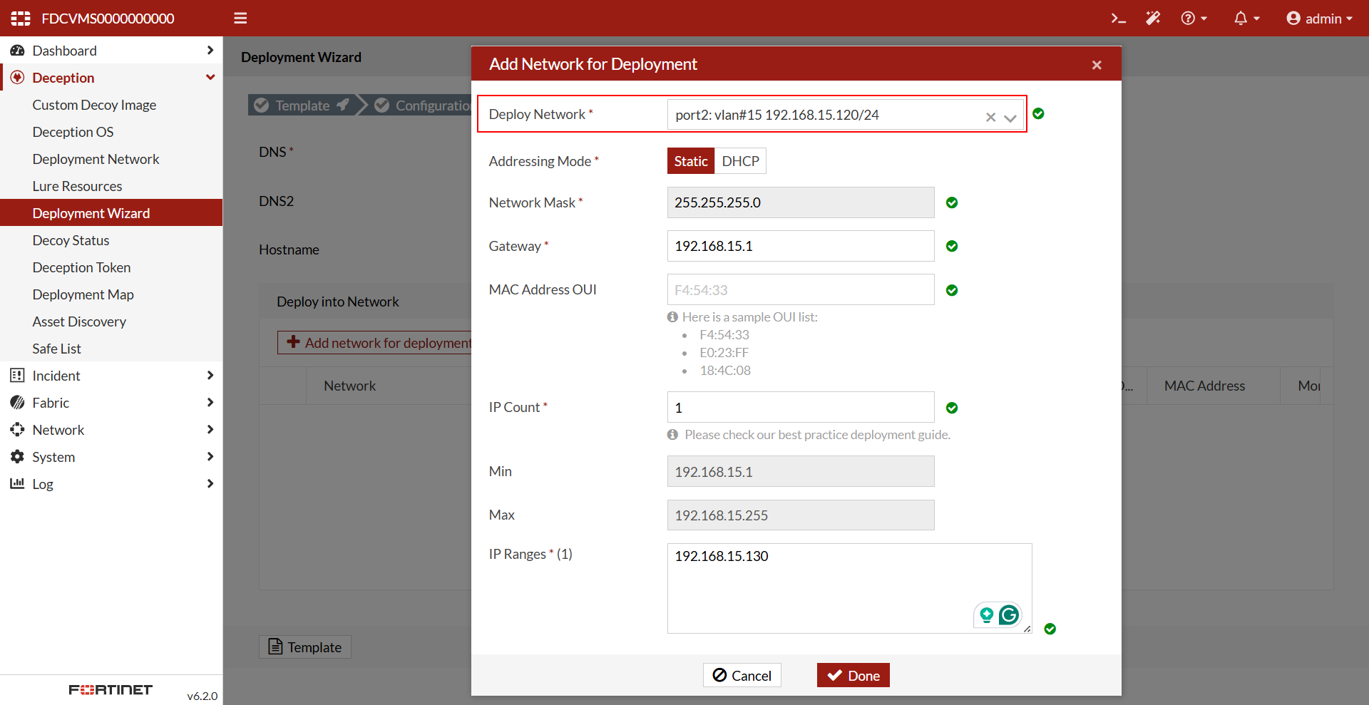 Setting deployment network for decoy