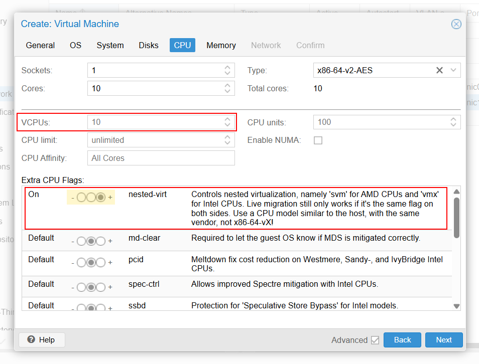 Specify number of vCPUs and enable nested virtualisation