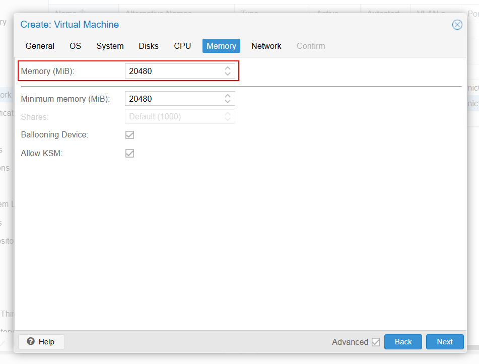 Specify the amount of memory to assign